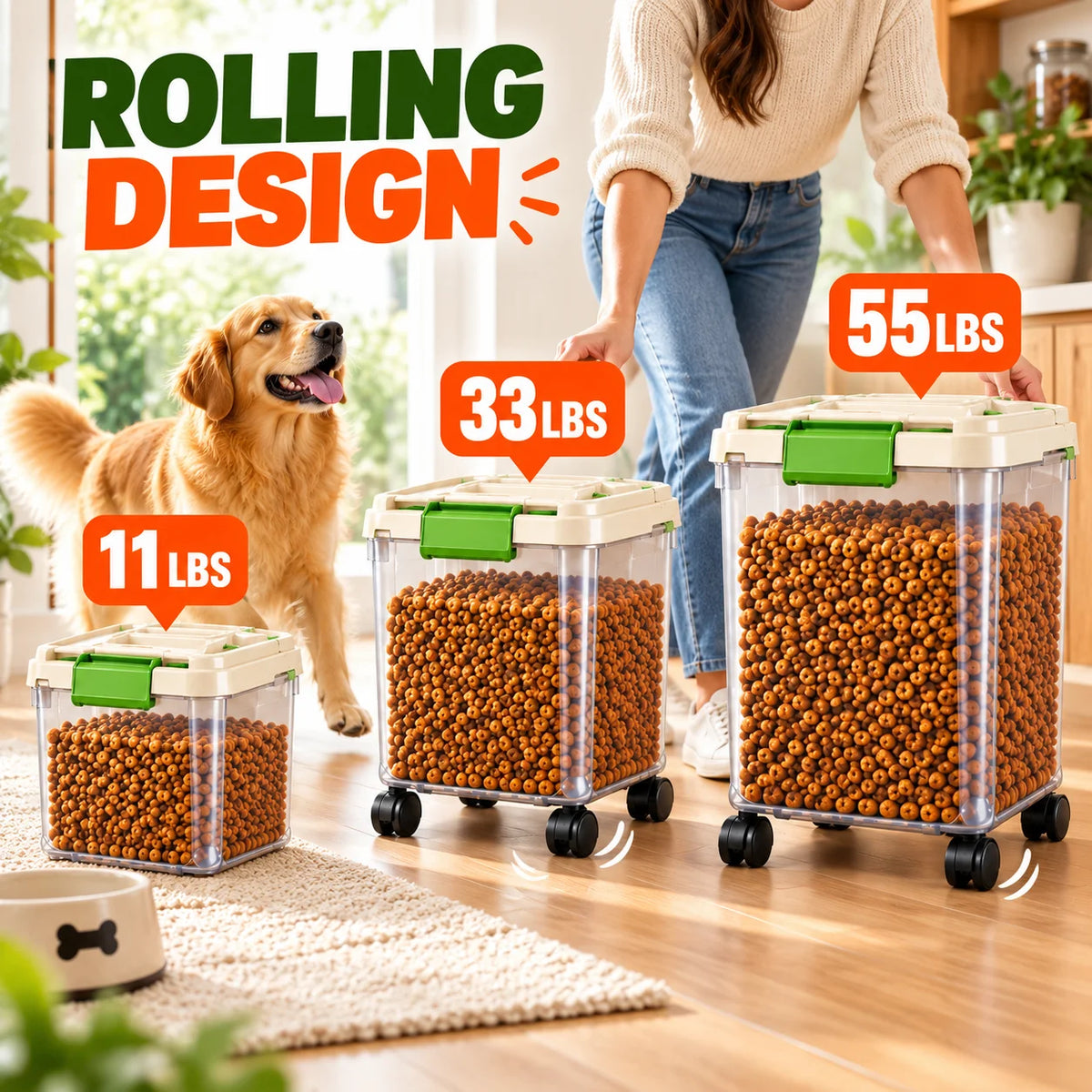 Dog Food Storage Container, 55/33/11Lbs Capacity Options, Large Capacity Transparent Pet Food Storage Box with Scoop