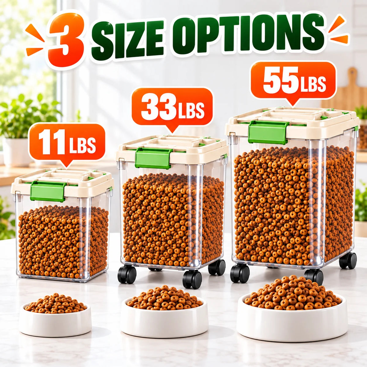 Dog Food Storage Container, 55/33/11Lbs Capacity Options, Large Capacity Transparent Pet Food Storage Box with Scoop