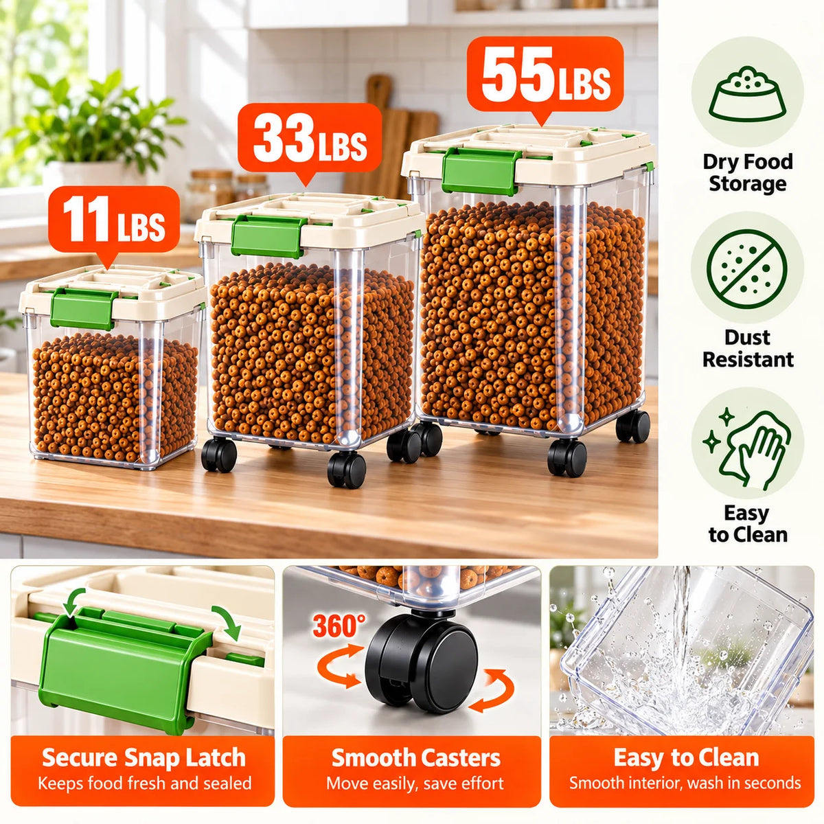 Dog Food Storage Container, 55/33/11Lbs Capacity Options, Large Capacity Transparent Pet Food Storage Box with Scoop