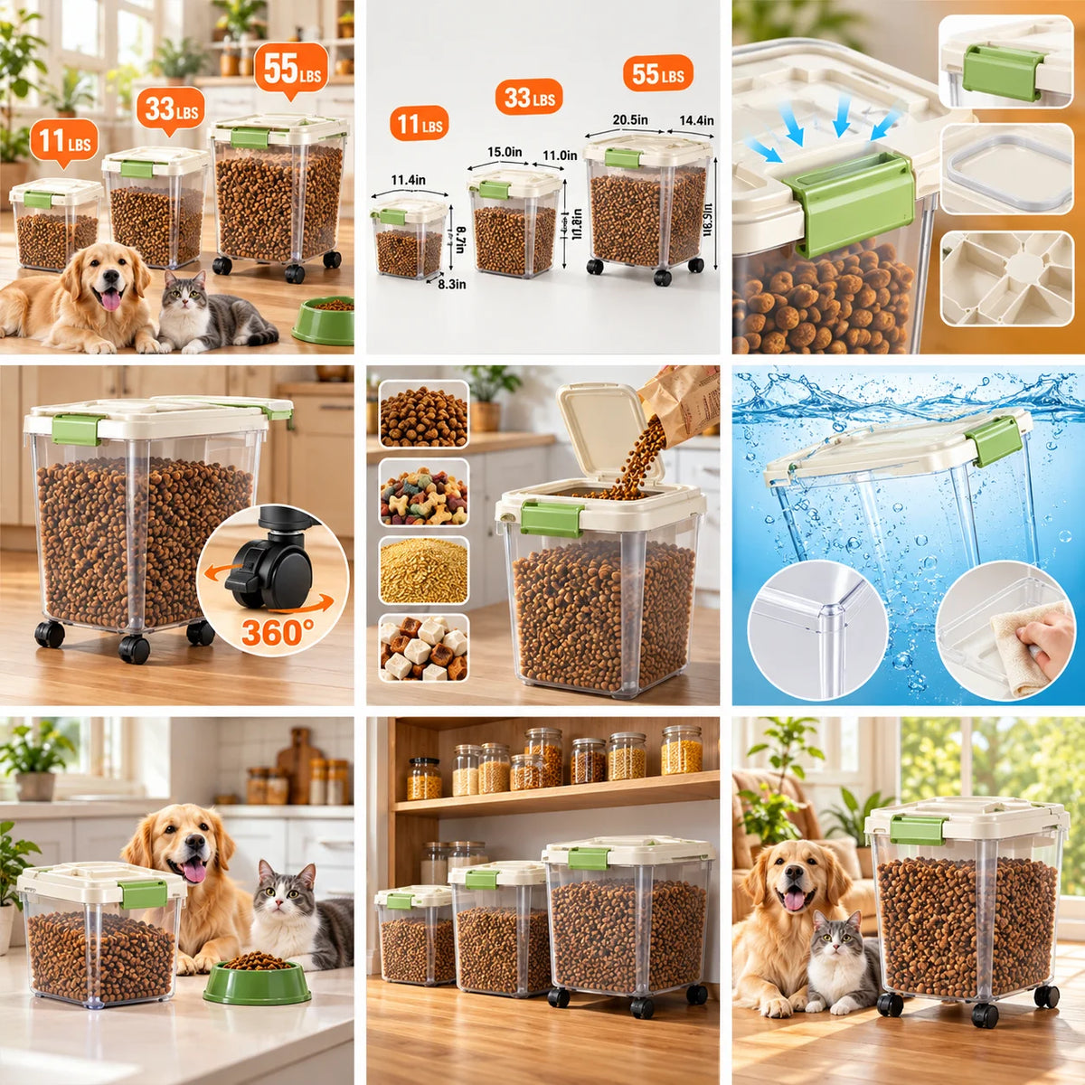 Dog Food Storage Container, 55/33/11Lbs Capacity Options, Large Capacity Transparent Pet Food Storage Box with Scoop