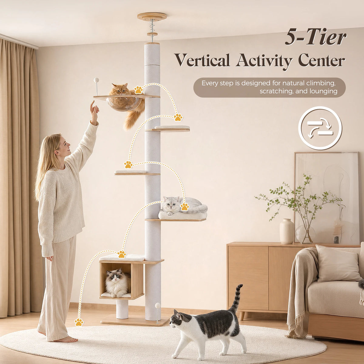 Floor to Ceiling Tree for Indoor Height Adjustable Cat Tower with Sisal Scratching Posts - Washable Mats