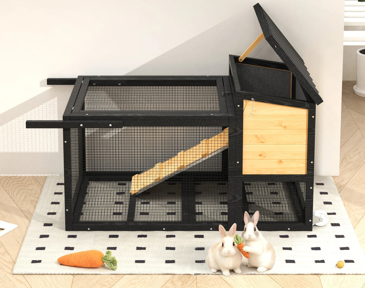 47.2" Outdoor Wooden Rabbit Hutch, 2-Tier Mobile Bunny Cage on Wheels with Double Doors, Waterproof Roof, Pull-Out Tray