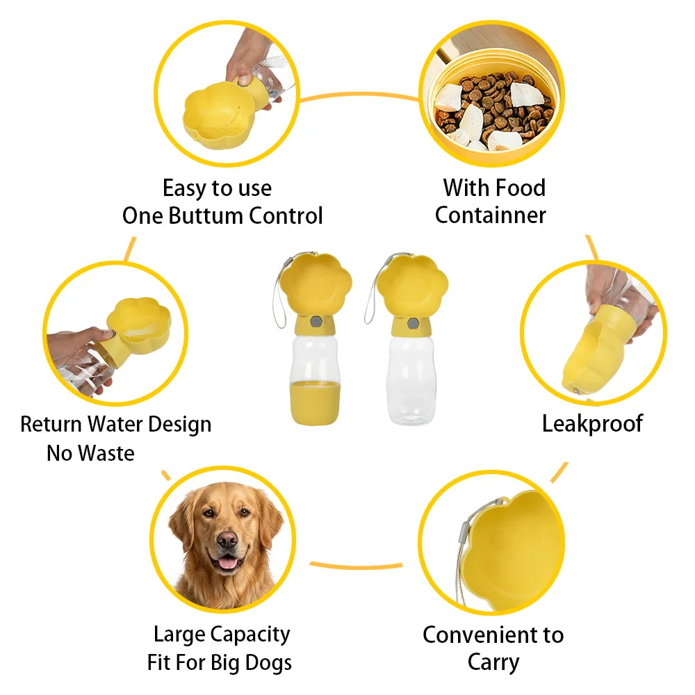2 in 1 Dog Water Bottle With Food Container 530ml - Outdoor Portable Pet Water Dispenser Feeding Bowl