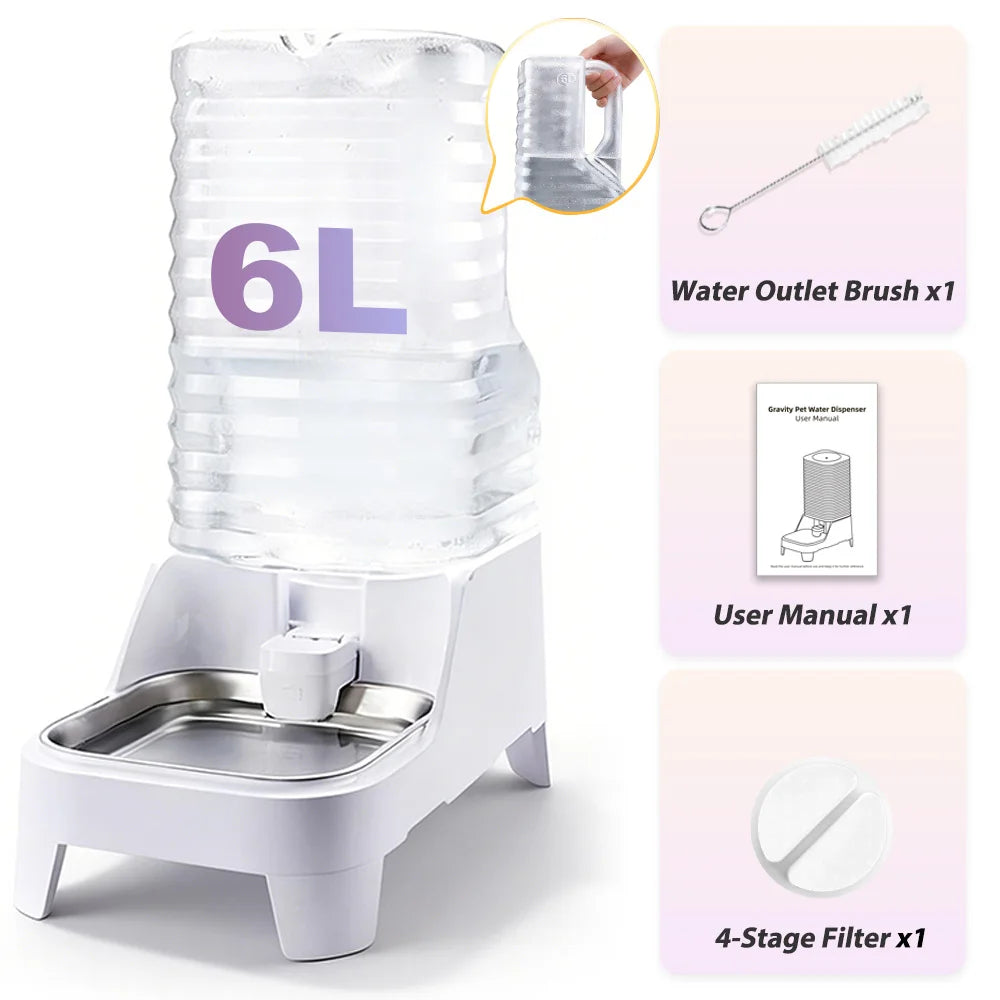 NITYERS 6L Gravity Pet Water Dispenser - Large Capacity Automatic Water Bowl - Raised Elevated Pet Water Fountain