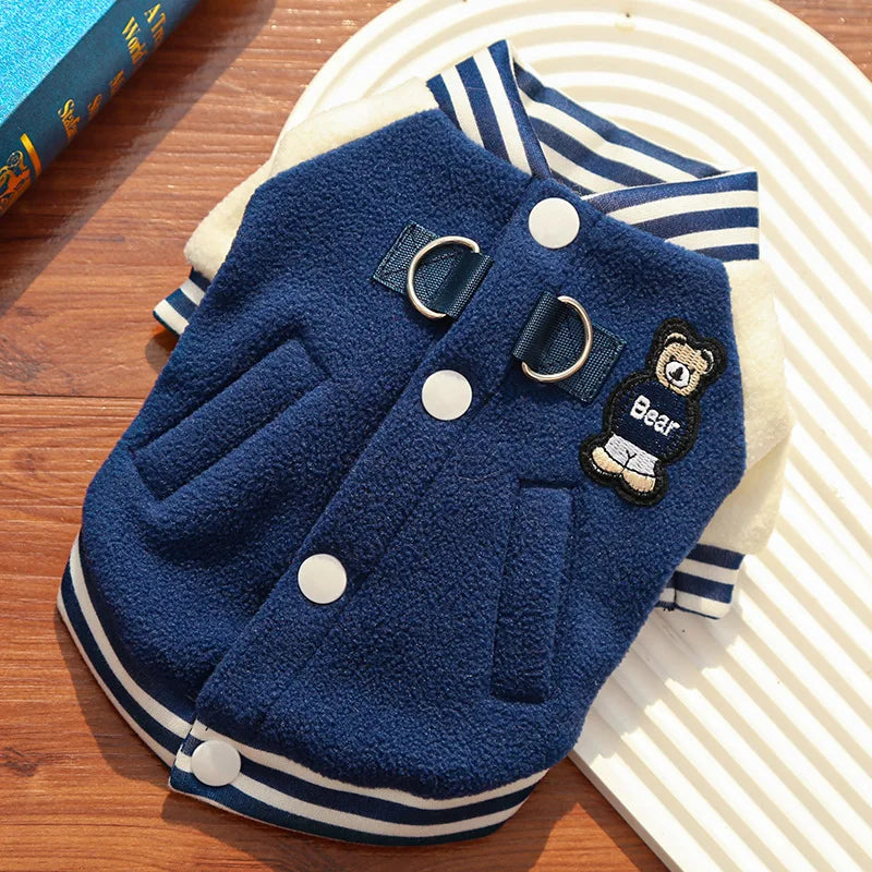 Baseball Style Dog Jacket, Cozy Fleece Puppy Coat with Snap Button Design