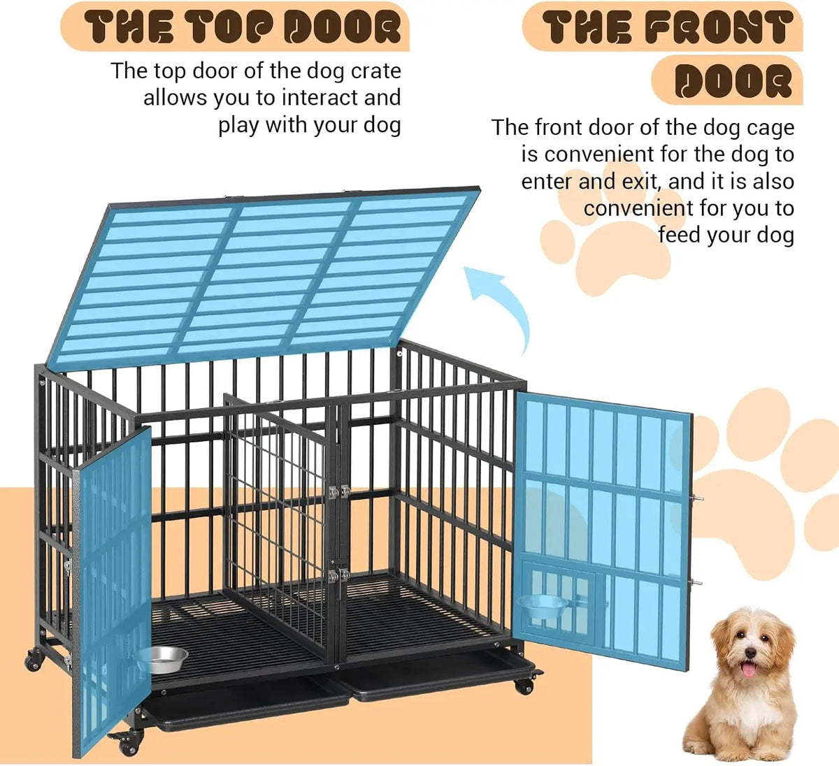 Garvee 42/48 inch Heavy Duty Dog Crate with 4 Lockable Wheels Double Door and Removable Tray for Small Medium Large Dogs 