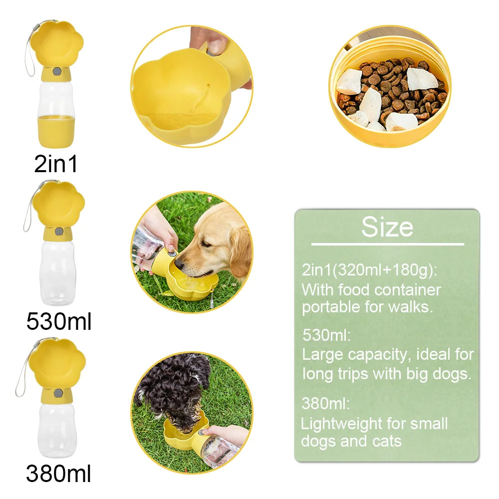 2 in 1 Dog Water Bottle With Food Container 530ml - Outdoor Portable Pet Water Dispenser Feeding Bowl