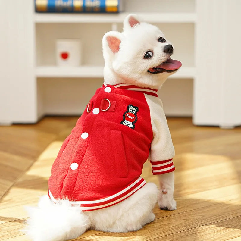 Baseball Style Dog Jacket, Cozy Fleece Puppy Coat with Snap Button Design