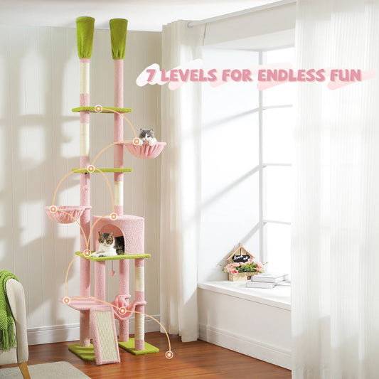 Cactus Cat Tree - Floor to Ceiling Tower 7 Tiers Cat Climbing Tree - 5 Platforms Scratching Posts