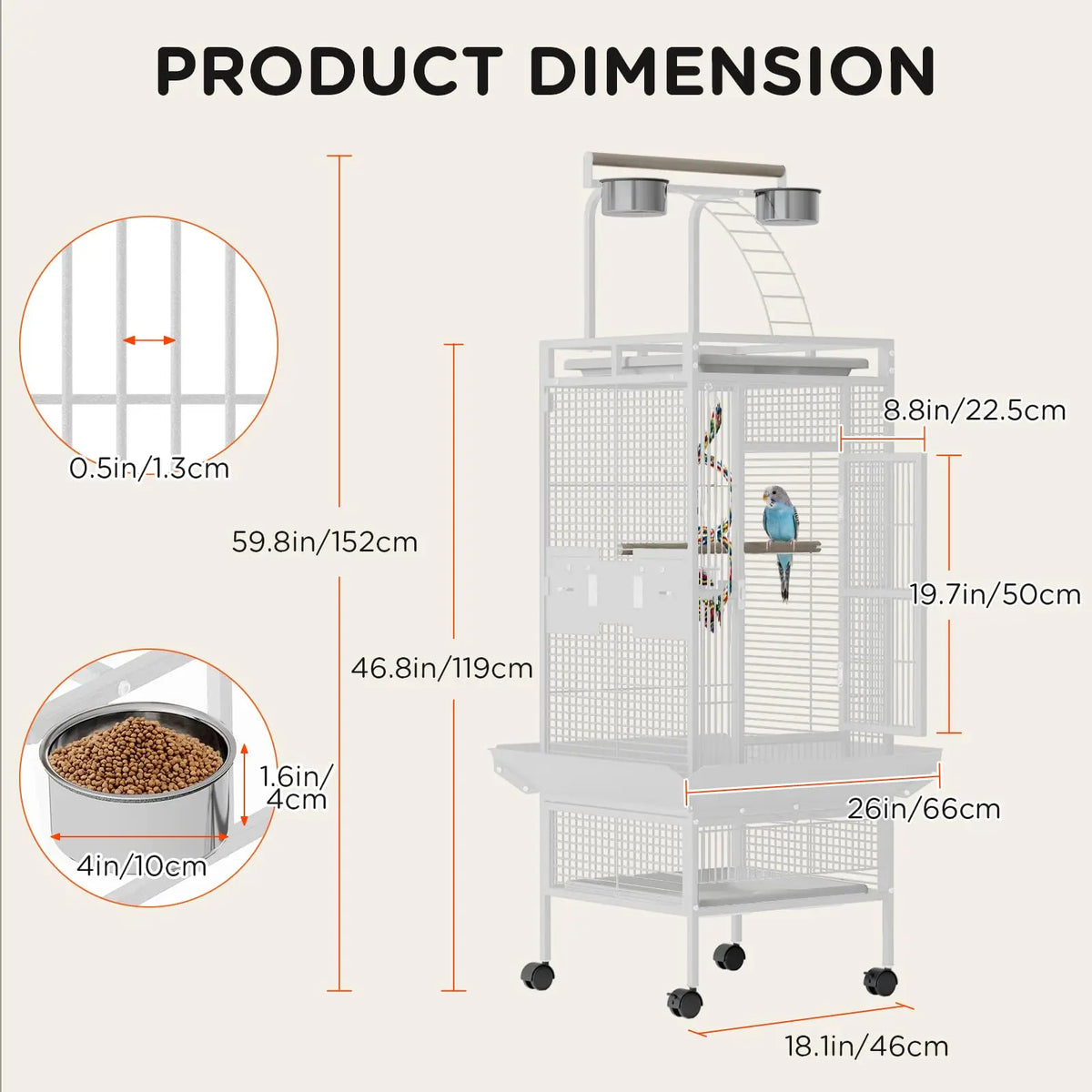 60 In. Wrought Iron Bird Cage with Play Top & Rolling Stand - 4 Stainless Steel Bowls, Secure Lock, Easy-Clean Tray - Spacious Metal Cage