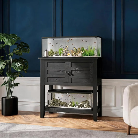 Heavy-Duty Aquarium Stand Cabinet with Built-in Charging Station - Double Magnetic Doors 2-Tier Shelves 660 lb. Steel Frame 20-29 Gal with Anti-Tip Design