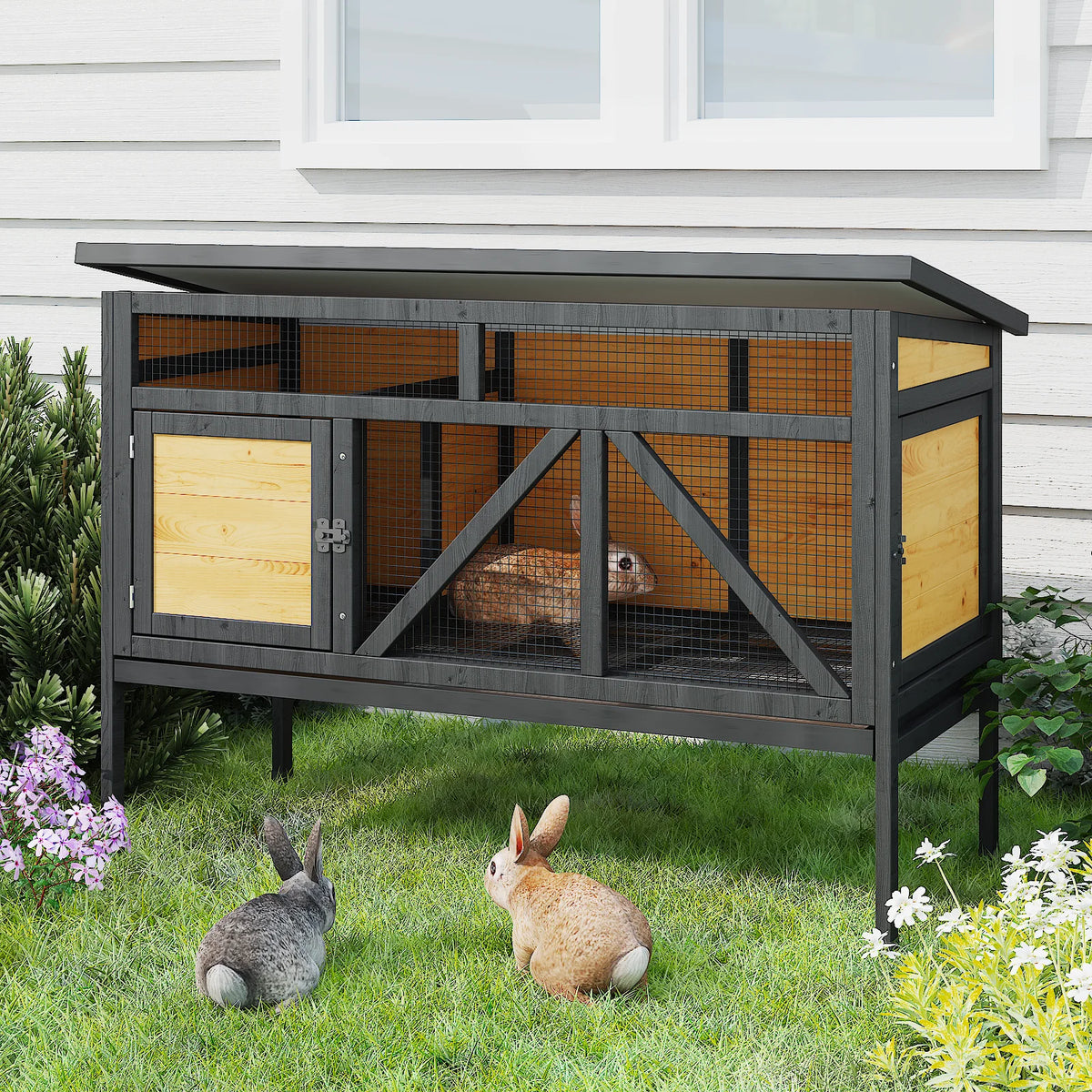 Elevated Small Animal Habitat with Double Doors, Leak-Proof Tray & Asphalt Roof, Indoor/Outdoor