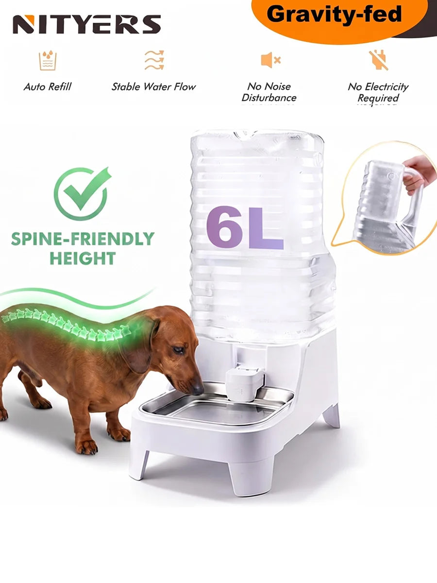 NITYERS 6L Gravity Pet Water Dispenser - Large Capacity Automatic Water Bowl - Raised Elevated Pet Water Fountain