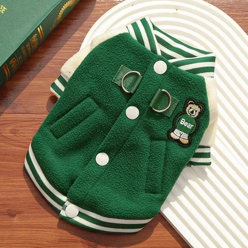 Baseball Style Dog Jacket, Cozy Fleece Puppy Coat with Snap Button Design