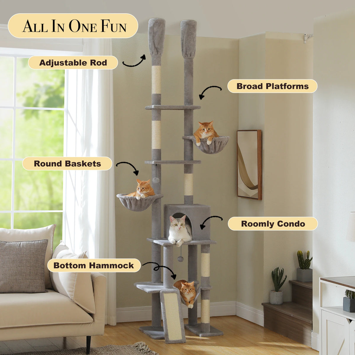 Cactus Cat Tree - Floor to Ceiling Tower 7 Tiers Cat Climbing Tree - 5 Platforms Scratching Posts