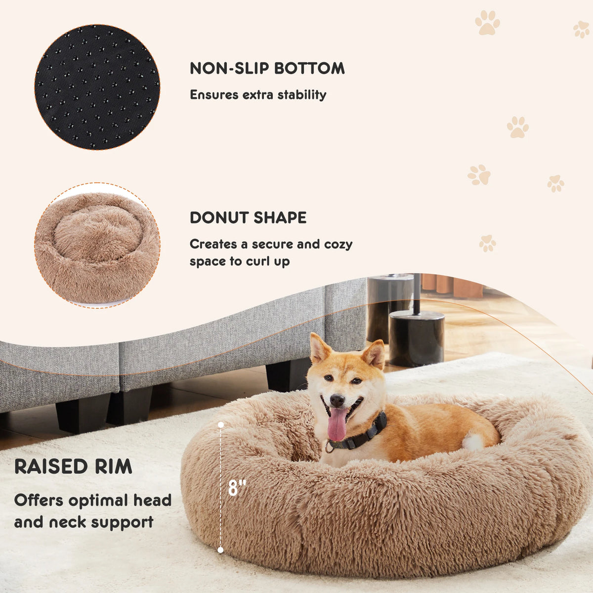 Round- Fluffy- Plush- Calming Fur Dog Bed for Small to Medium to Large Dogs