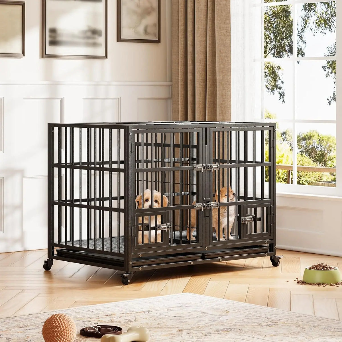 Garvee 42/48 inch Heavy Duty Dog Crate with 4 Lockable Wheels Double Door and Removable Tray for Small Medium Large Dogs 