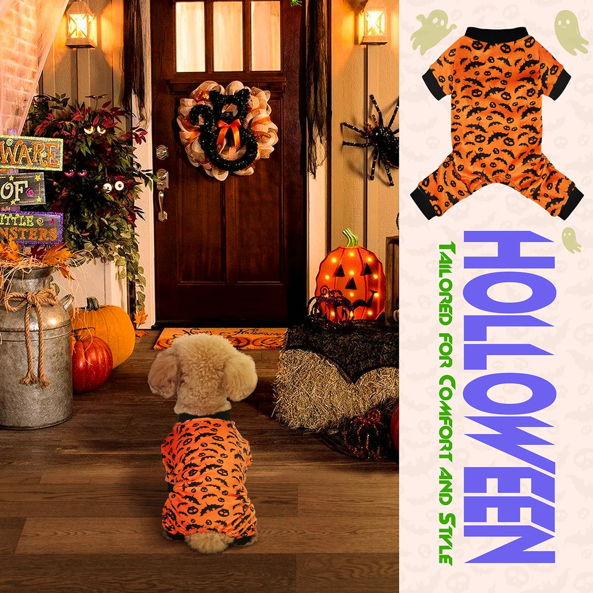 Halloween Dog Pajamas Costume: Four-legged outfit with bat and skull patterns