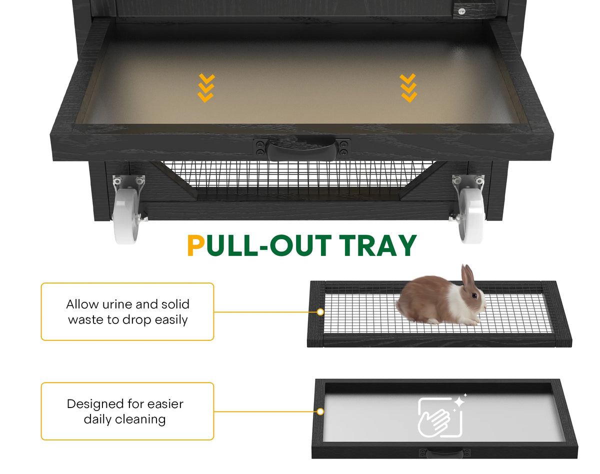 47.2" Outdoor Wooden Rabbit Hutch, 2-Tier Mobile Bunny Cage on Wheels with Double Doors, Waterproof Roof, Pull-Out Tray