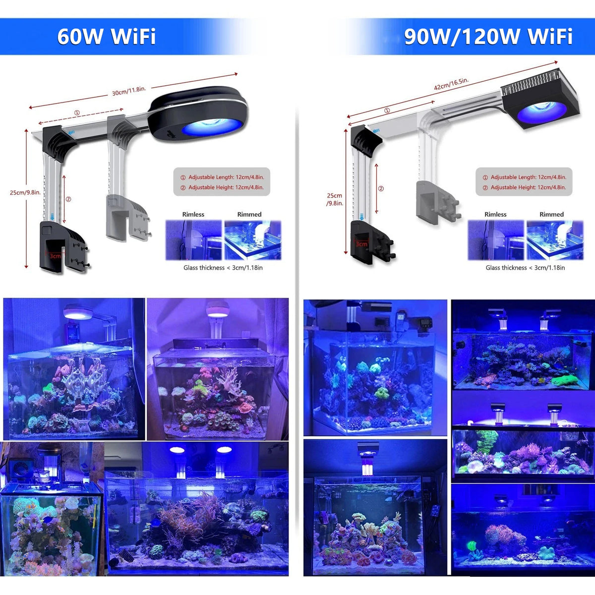 Pop-Bloom WiFi Reef LED Light, 60W 90W 120W Full Spectrum Marine Reef LED Aquarium Lighting, Built-in Timer, Sunrise Sunset
