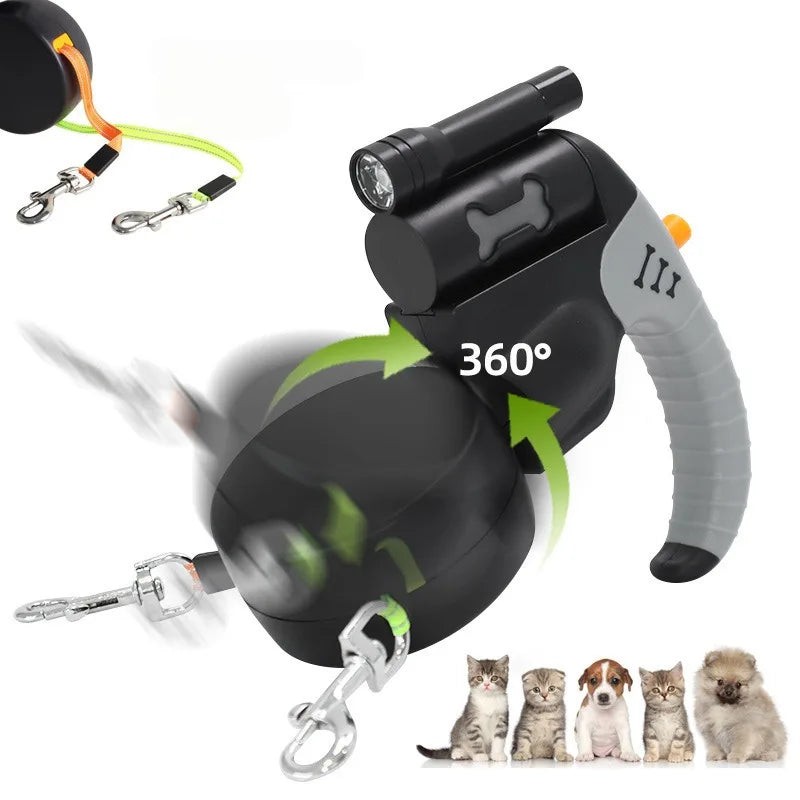 Auto Retractable Double-Headed Dog Leash with LED Flashlight 360 Degree Dual Traction Rope