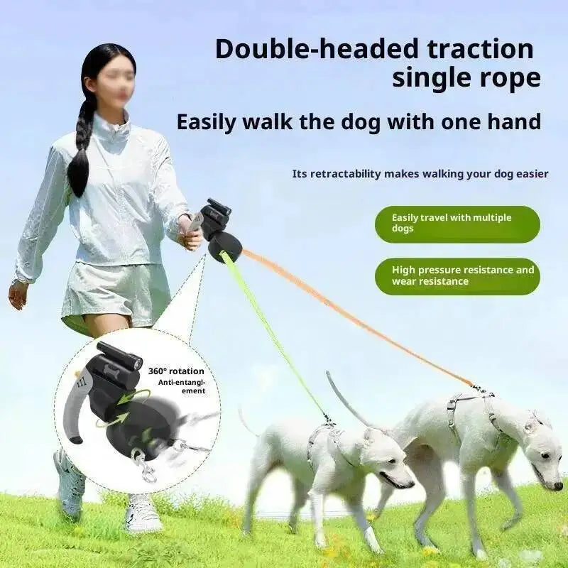 Auto Retractable Double-Headed Dog Leash with LED Flashlight 360 Degree Dual Traction Rope