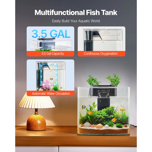 VEVOR Fish Tank Aquarium 3.5Gal Arch Ultra-Clear - Adjustable 3 Color Lighting for Freshwater Fish