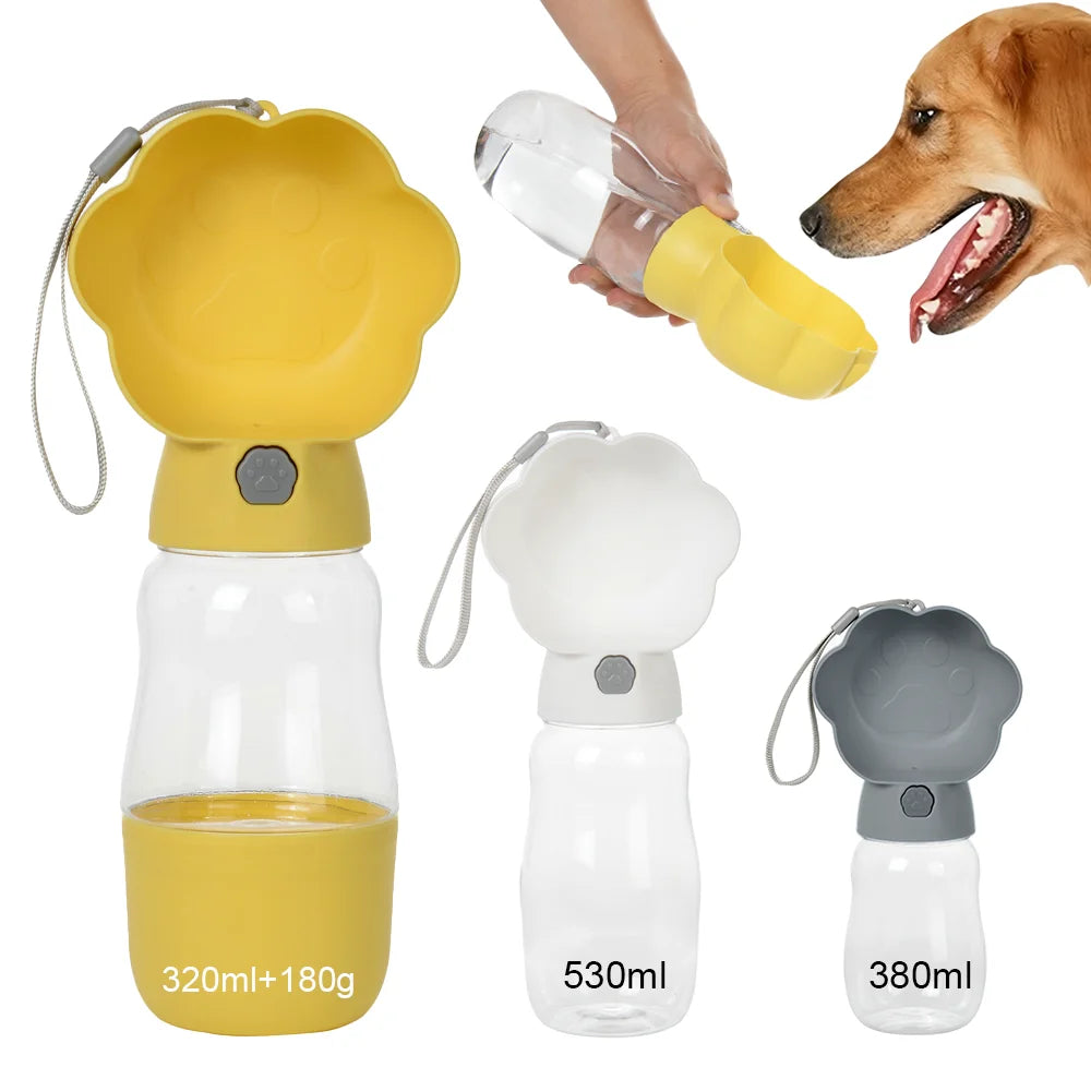 2 in 1 Dog Water Bottle With Food Container 530ml - Outdoor Portable Pet Water Dispenser Feeding Bowl