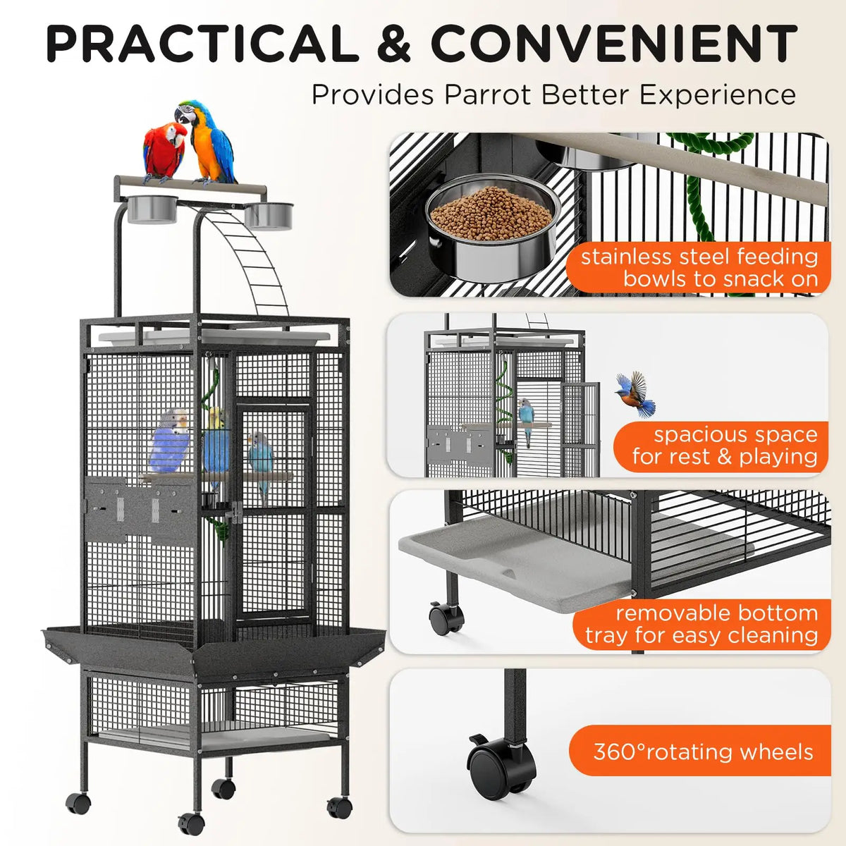 60 In. Wrought Iron Bird Cage with Play Top & Rolling Stand - 4 Stainless Steel Bowls, Secure Lock, Easy-Clean Tray - Spacious Metal Cage