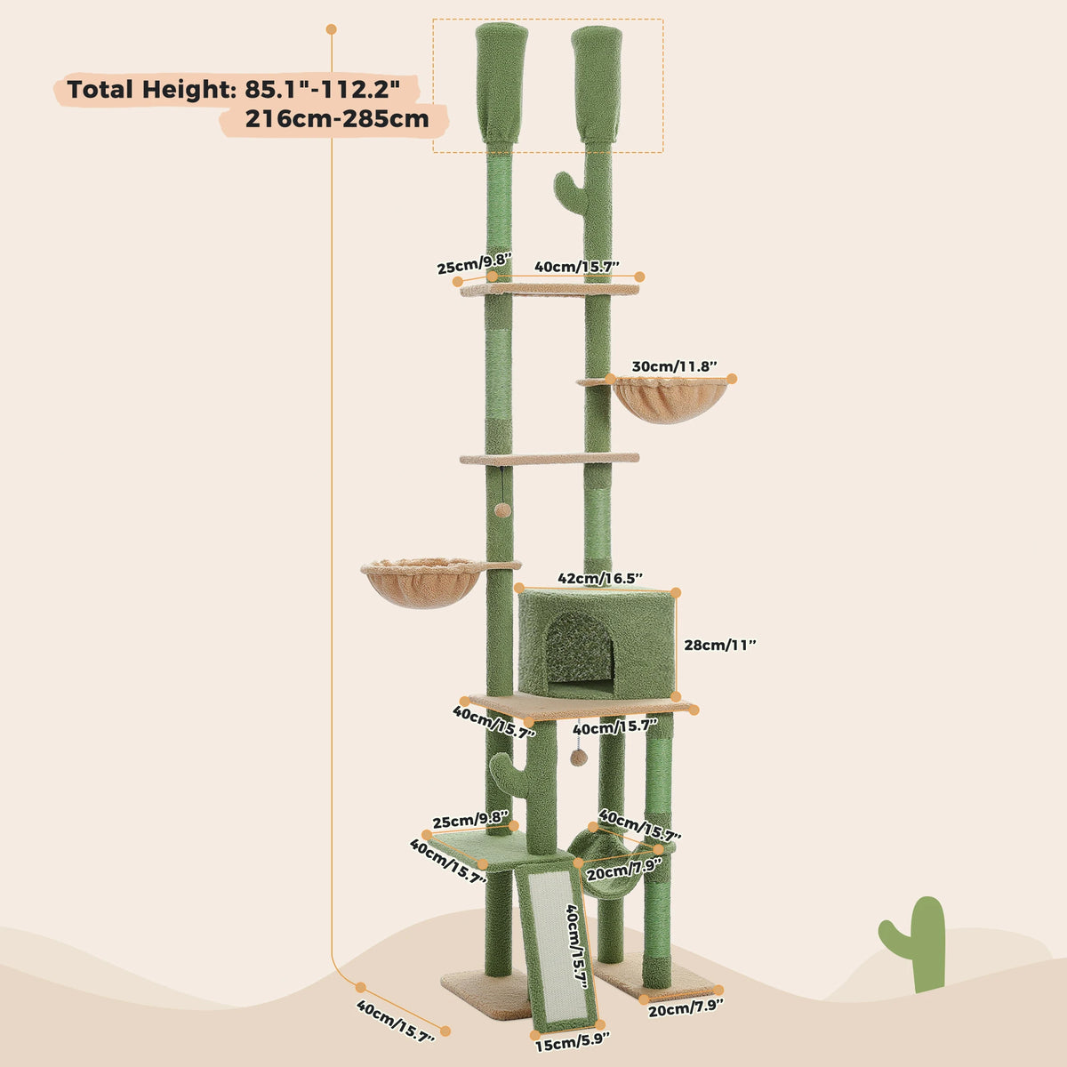 Cactus Cat Tree - Floor to Ceiling Tower 7 Tiers Cat Climbing Tree - 5 Platforms Scratching Posts