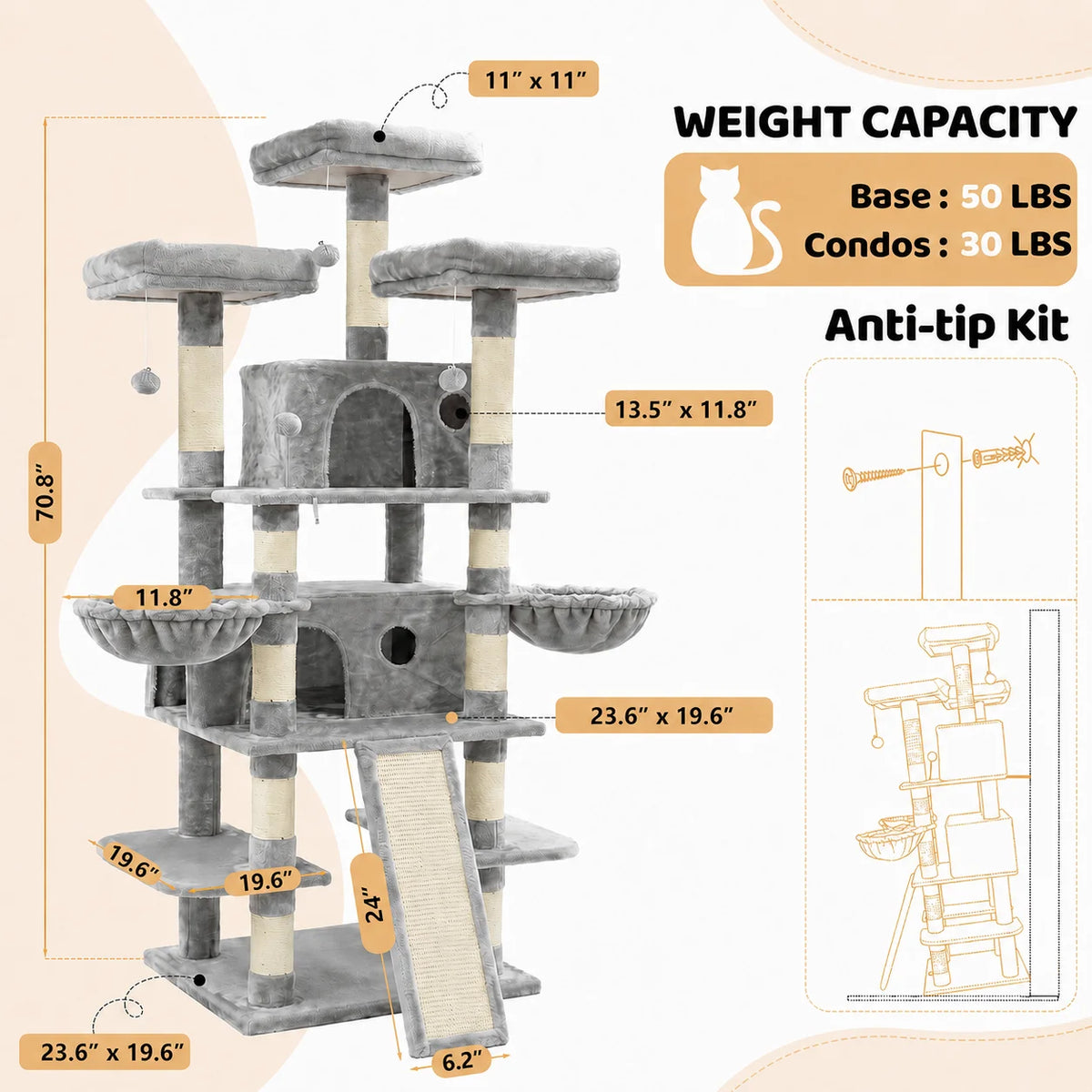 FOOWIN Large Multi Level Cat Tree Tower Indoor Activity Center 2 Condos 3 Plush Perches