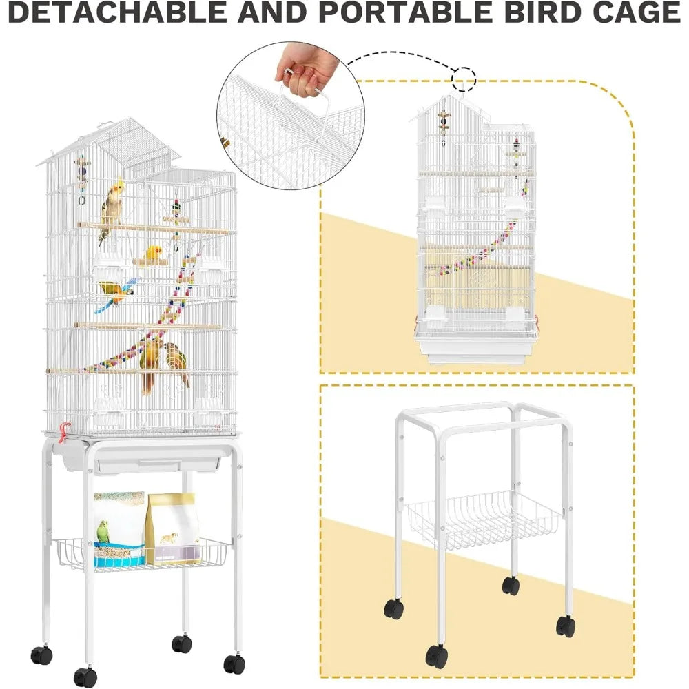 62-inch Metal Bird Cage with Roof Access and Rolling Stand, White