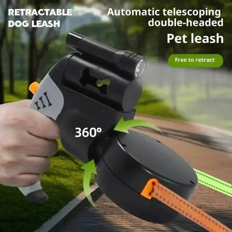 Auto Retractable Double-Headed Dog Leash with LED Flashlight 360 Degree Dual Traction Rope