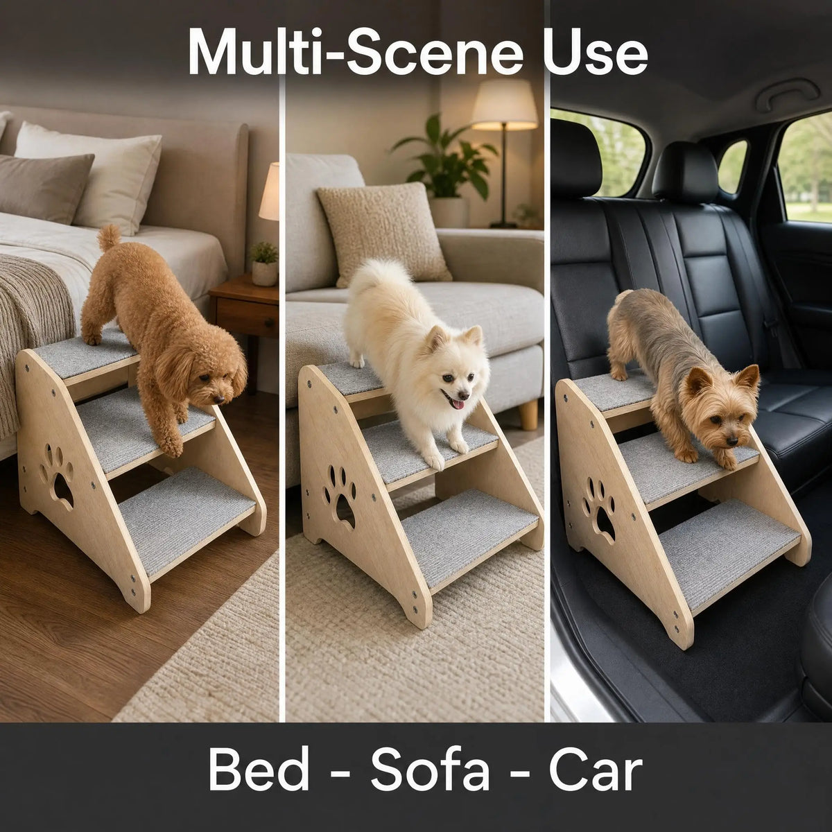 3-Step Wooden Pet Stairs for Small Dogs & Cats – Non-Slip Steps – Soft Fabric Cover – Ideal for Bed, Couch, Car & Senior Pets – Fixed 3-Step Design