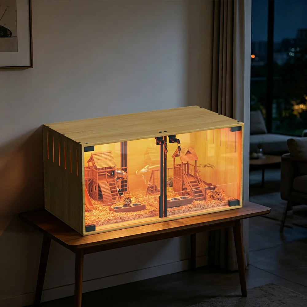 Wooden Small Animal Habitat Cage with Dual Doors Lock Removable Divider Enclosure