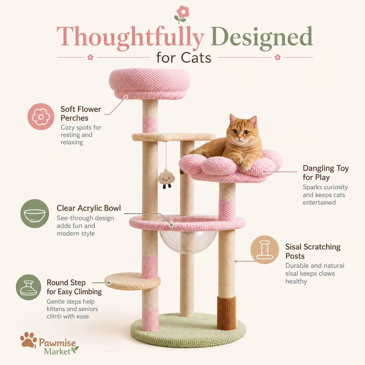 Pink Flower Cat Tree for Indoor Cats, 51.18-Inch Multi-Level Cat Tower with Soft Plush Perches