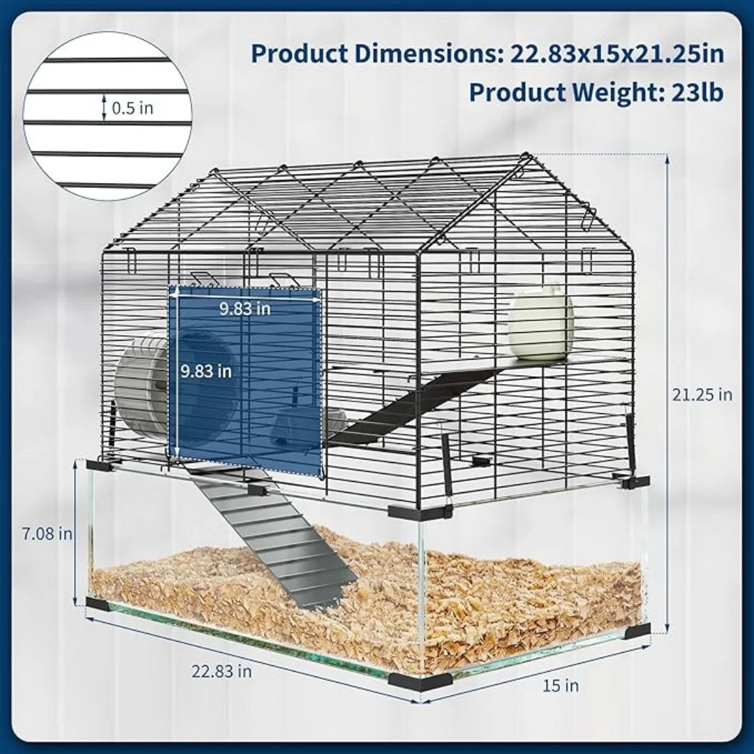 3 Tiers Large Hamster Enclosure, Metal Enclosure + Glass Gerbil Cage, Small Animal Cage