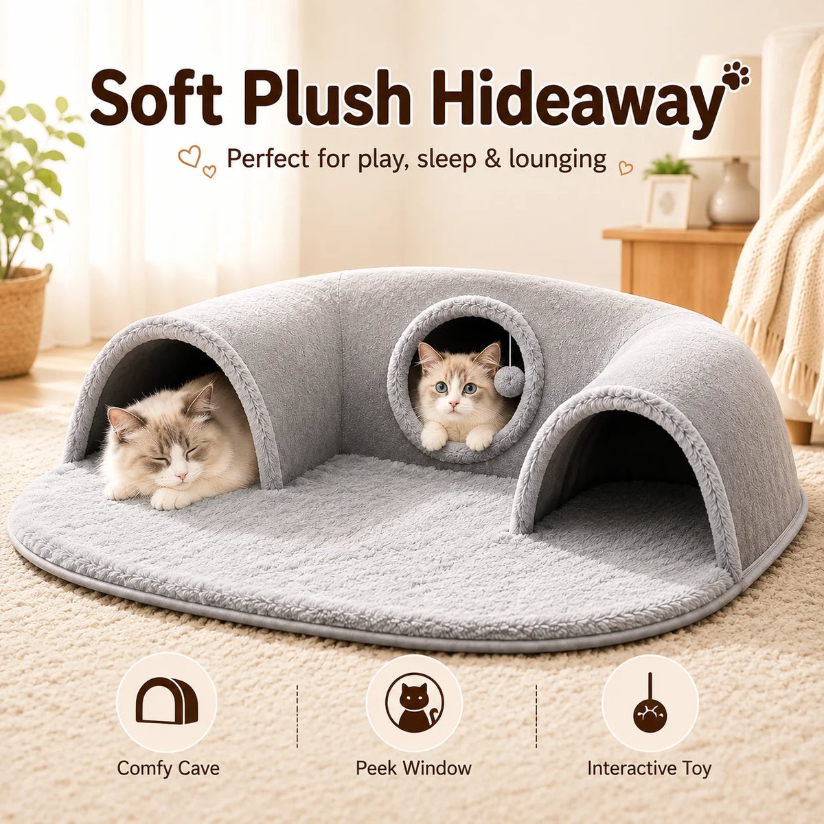 Multifunctional U-shaped Cat Tunnel Bed—A Detachable, Washable Plush Tunnel; Suitable for Home, Indoor, and balcony Use.