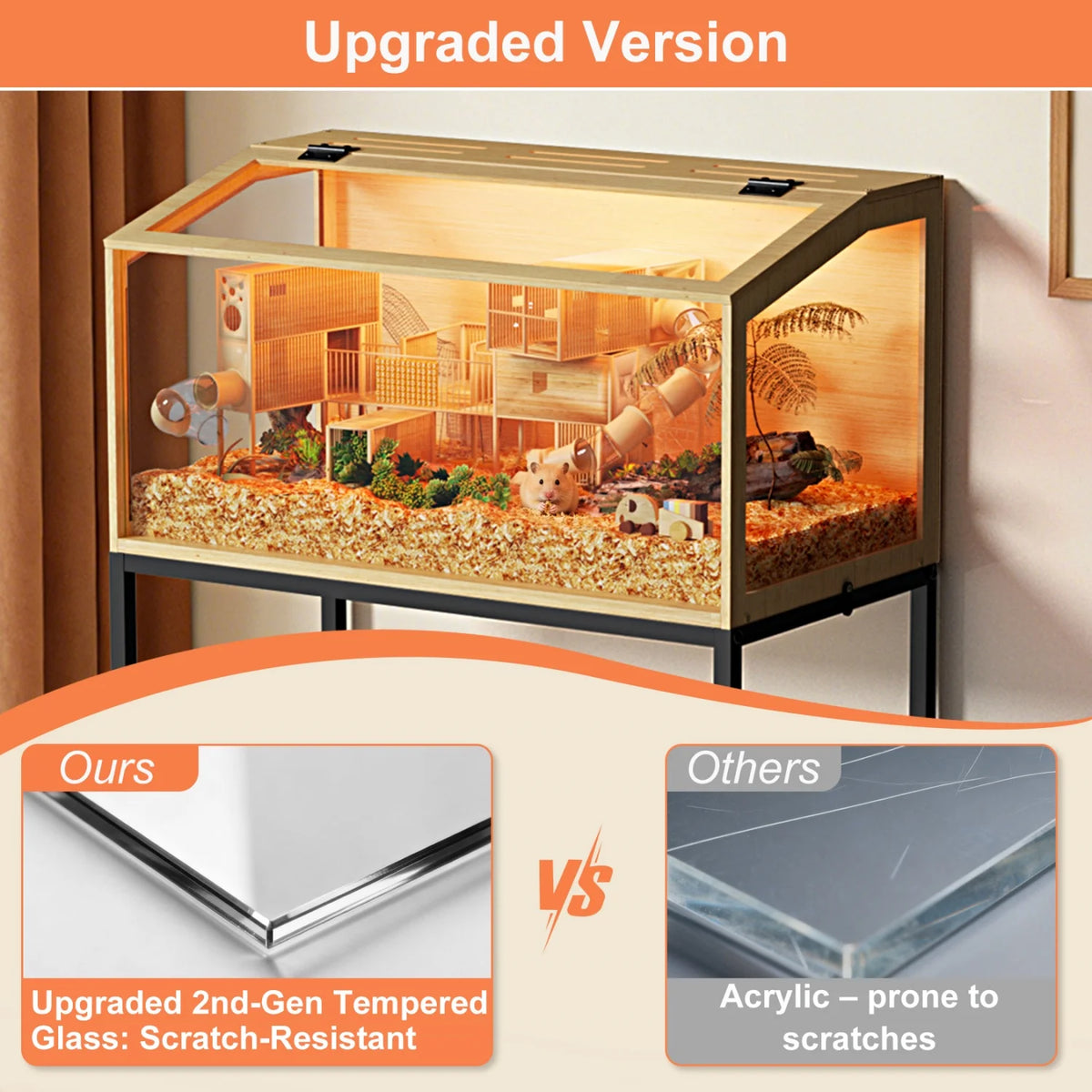 Chewproof Wooden Cage Habitat House Tempered Glass Panels Built-in LED Light for Small Pets