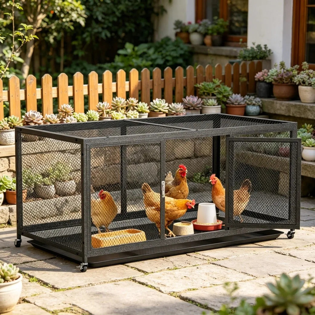 Heavy Duty Metal Cage with Tray Waterproof Cover on Wheels