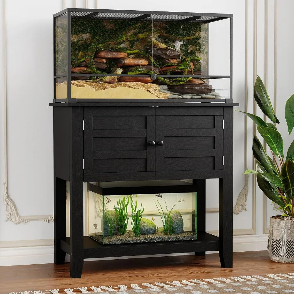 Heavy-Duty Aquarium Stand Cabinet with Built-in Charging Station - Double Magnetic Doors 2-Tier Shelves 660 lb. Steel Frame 20-29 Gal with Anti-Tip Design