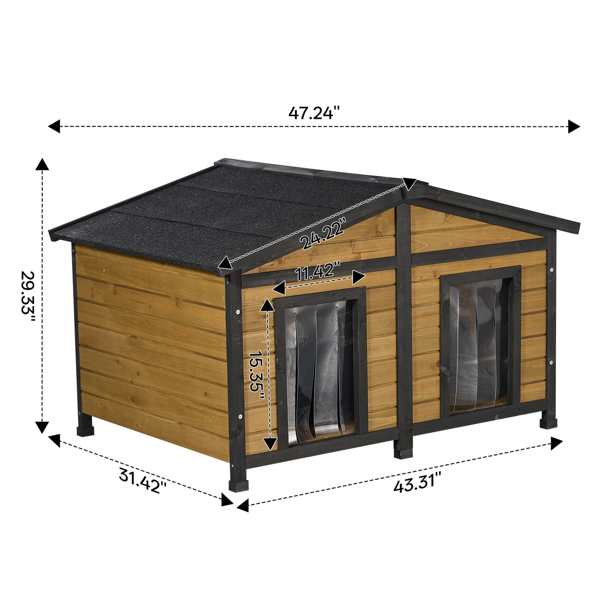 Natural Wood Double-Door Dog House - Waterproof Kennel for Large Breeds Multi-Dog