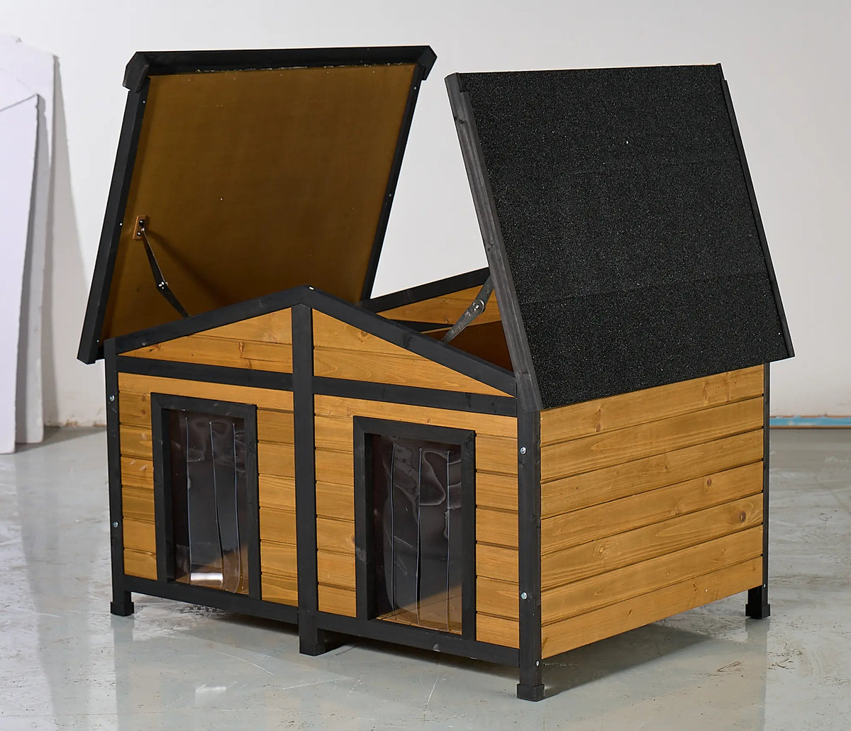 Natural Wood Double-Door Dog House - Waterproof Kennel for Large Breeds Multi-Dog