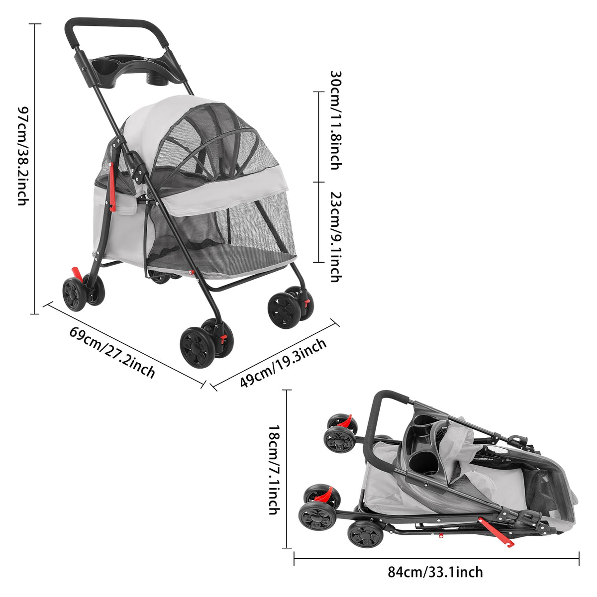 Wheelcart - Foldable Pet Stroller Travel Cart - 69*49*97cm Lightweight for Small pets