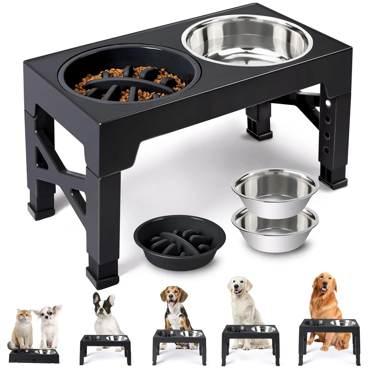 Elevated Dog Feeder With Adjustable Raised Stand Includes Double Stainless Steel Food Water Bowls