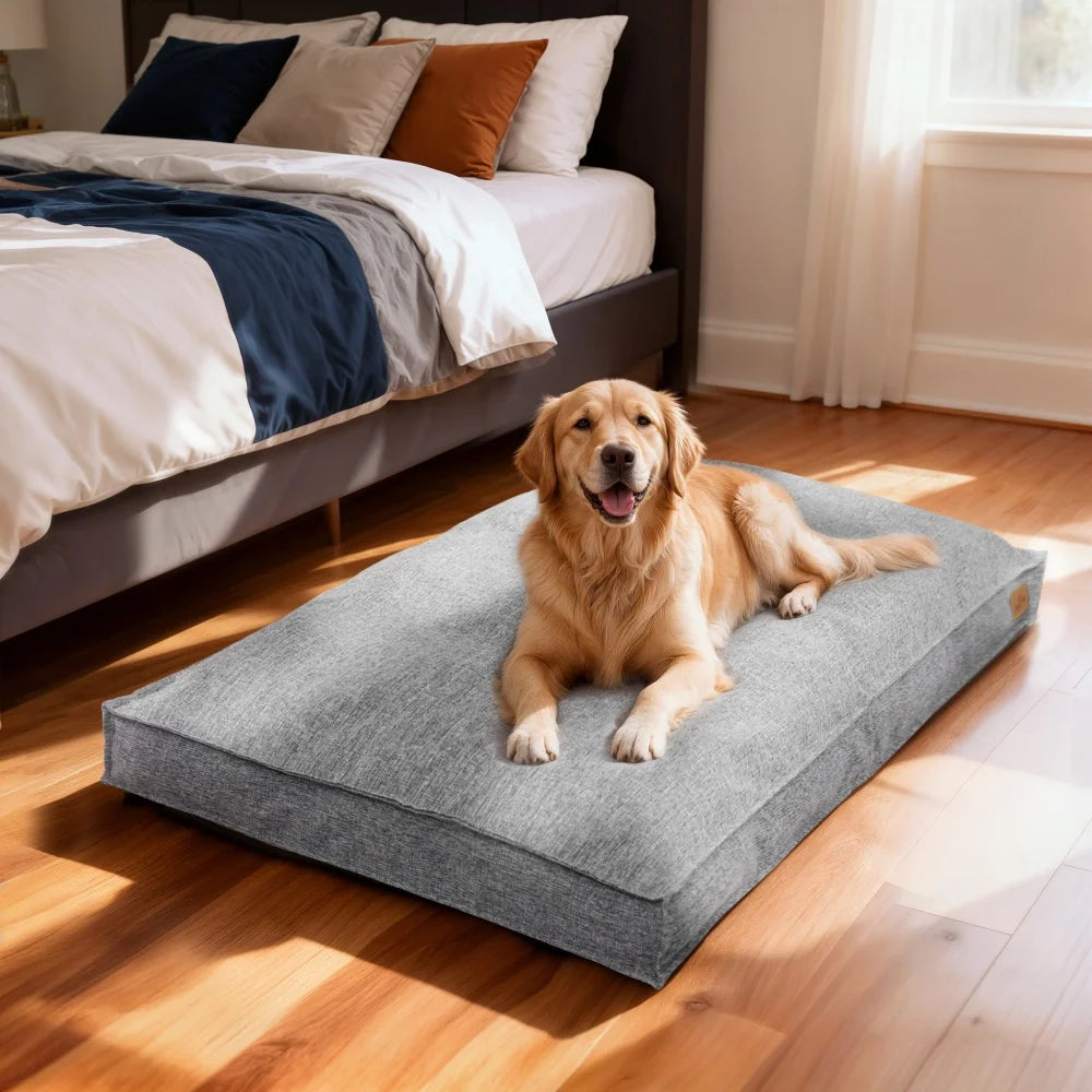 Large Dog Bed Washable Rectangular Pillow Bed with Linen Cover Foam Base Waterproof Lining Calming Sleep Pet Bed Mattress