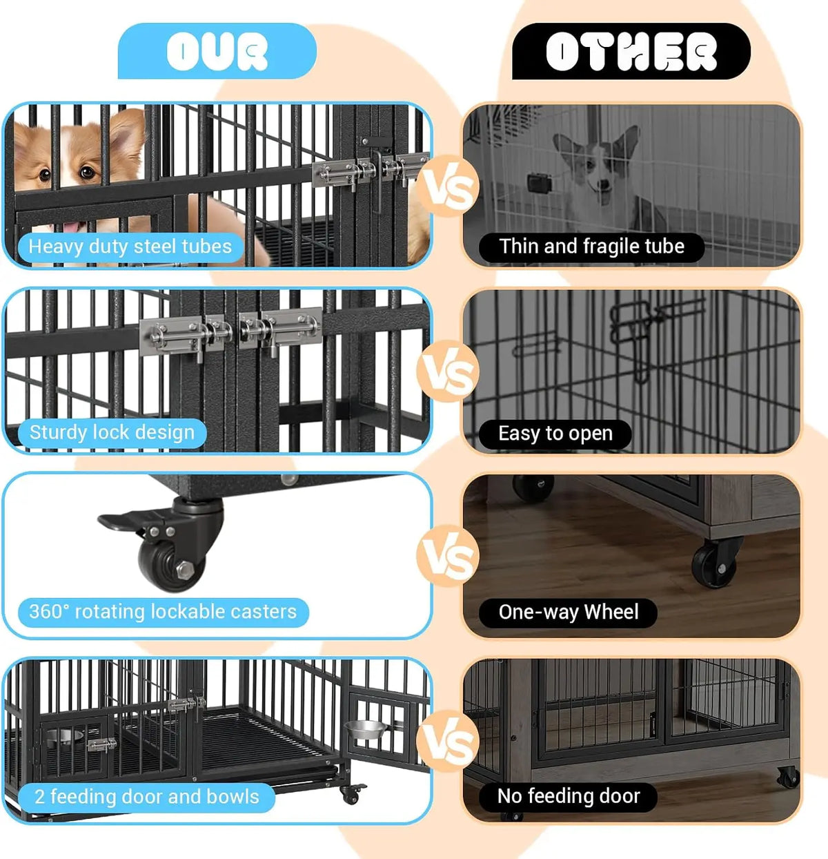 Garvee 42/48 inch Heavy Duty Dog Crate with 4 Lockable Wheels Double Door and Removable Tray for Small Medium Large Dogs 