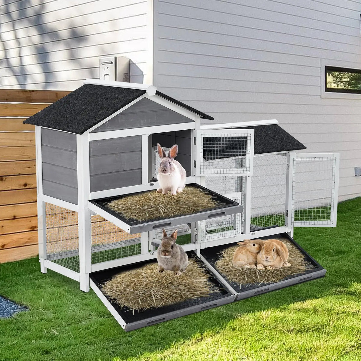 63in Bunny Hutch Indoor, Wooden Rabbit Cage 2-Tier With 3 Removable Trays, Waterproof Roof - Outdoor Coop