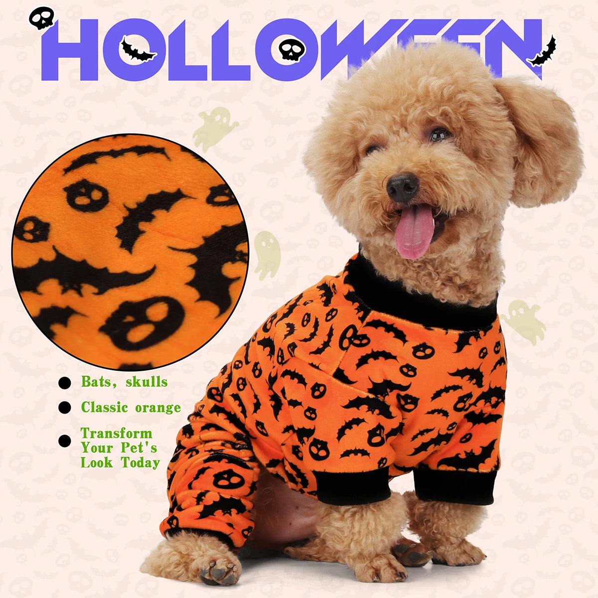 Halloween Dog Pajamas Costume: Four-legged outfit with bat and skull patterns