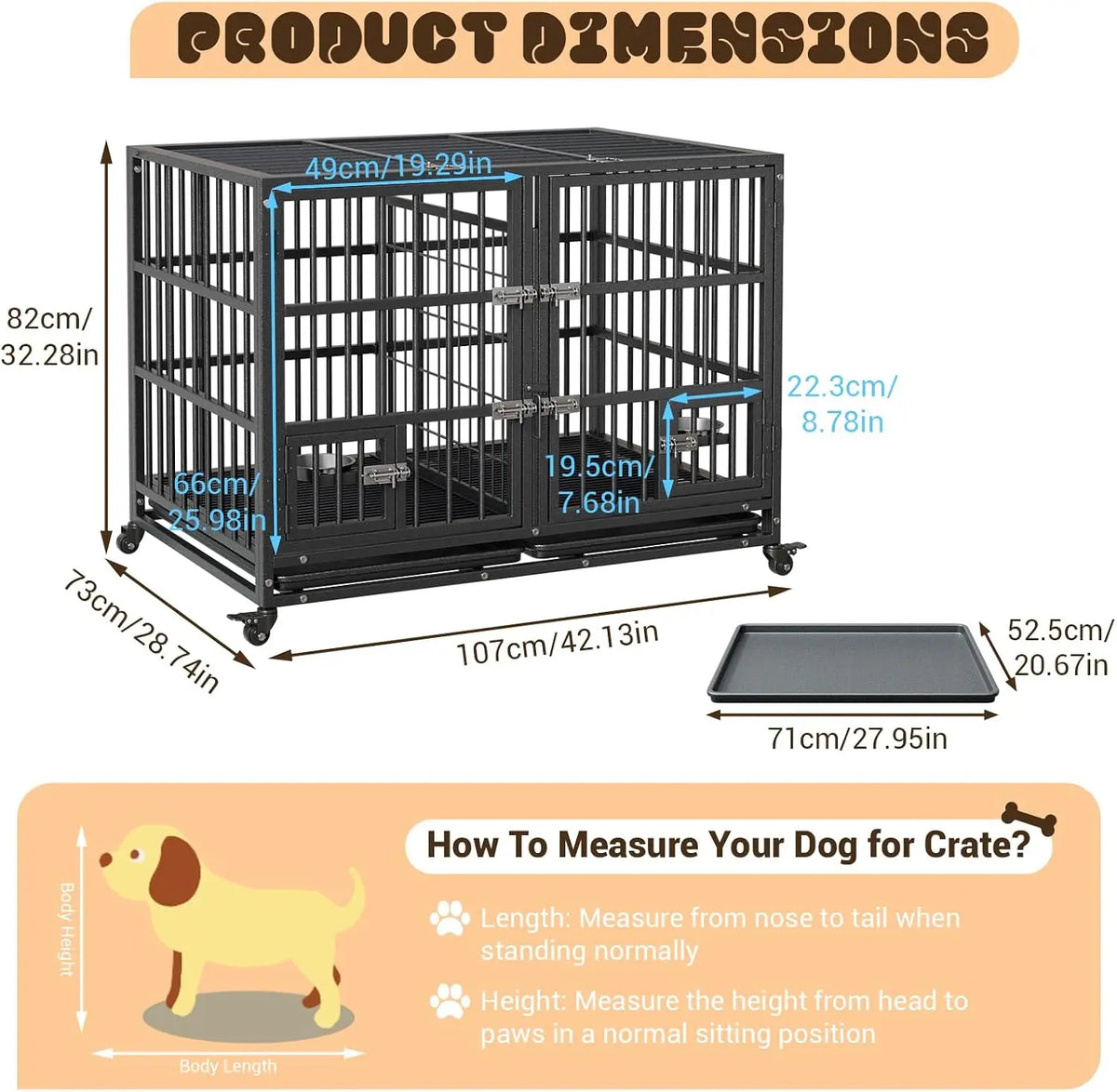 Garvee 42/48 inch Heavy Duty Dog Crate with 4 Lockable Wheels Double Door and Removable Tray for Small Medium Large Dogs 